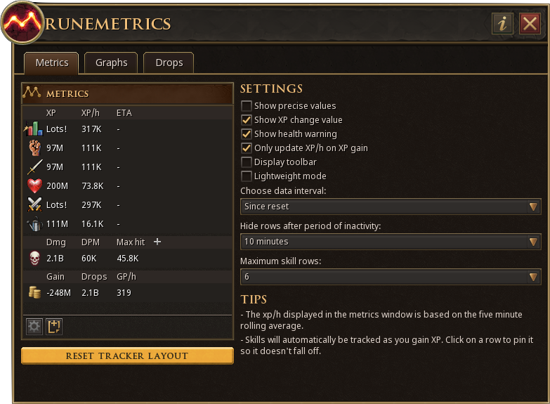 Interface de Estatísticas do RuneMetrics